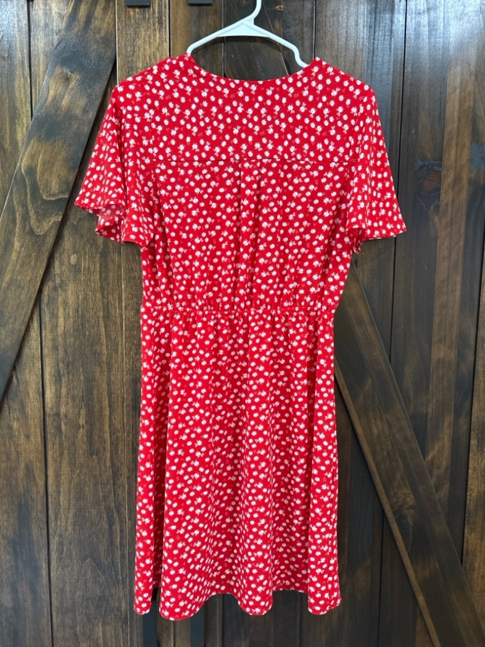 🔥Monteau Red Floral Wrap Dress Short Sleeve Mini Size L - Picture 2 of 6